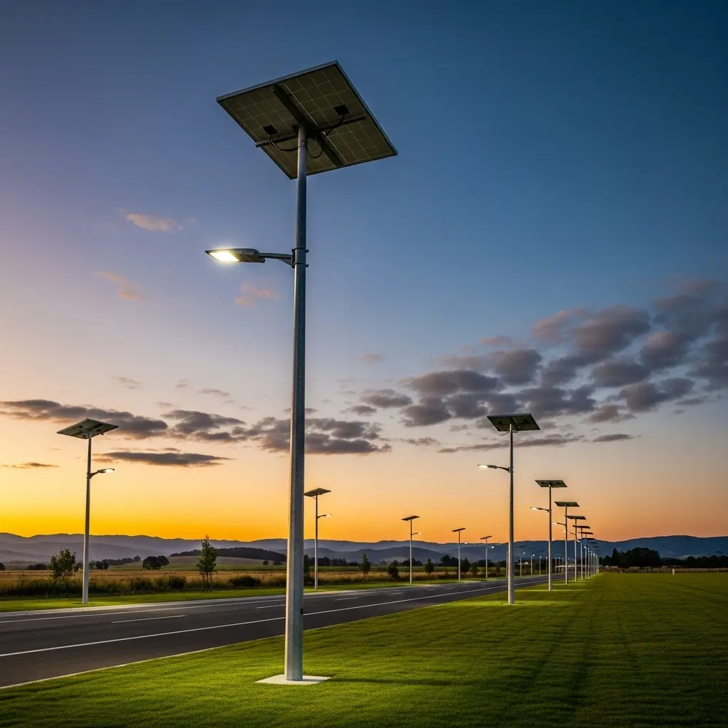 Bright solar street light poles line a rural road with green fields, glowing under a vibrant orange and blue sunset.