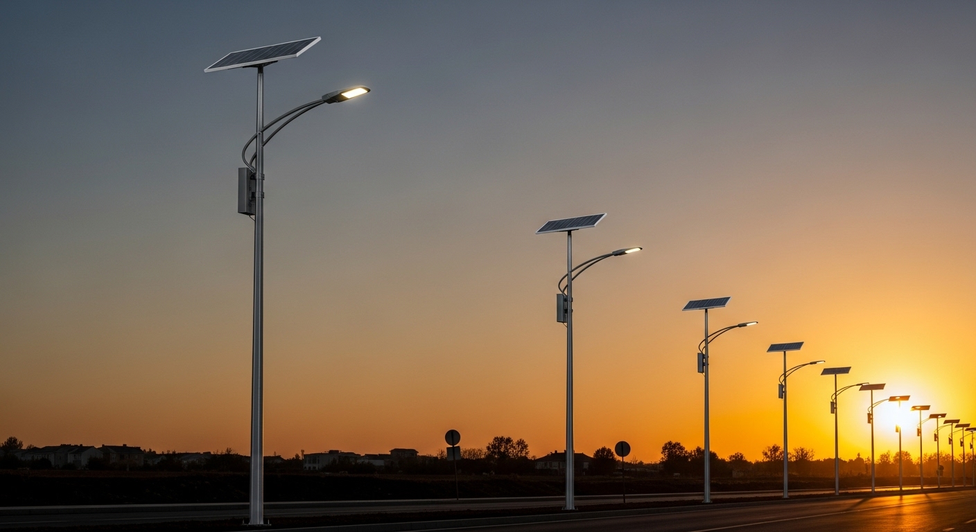 Row of modern solar-powered street light poles with bright LEDs illuminating a highway at sunset in Gauteng.